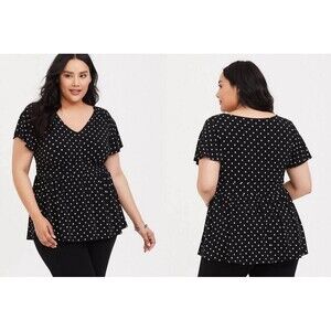 Torrid Polka Dot Studio Knit V-Neck Babydoll Top Black White Plus 3x Classic